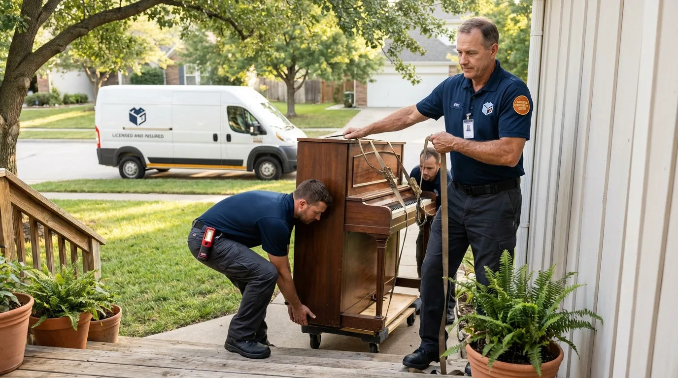 Licensed piano movers securing grand piano in Corry, PA